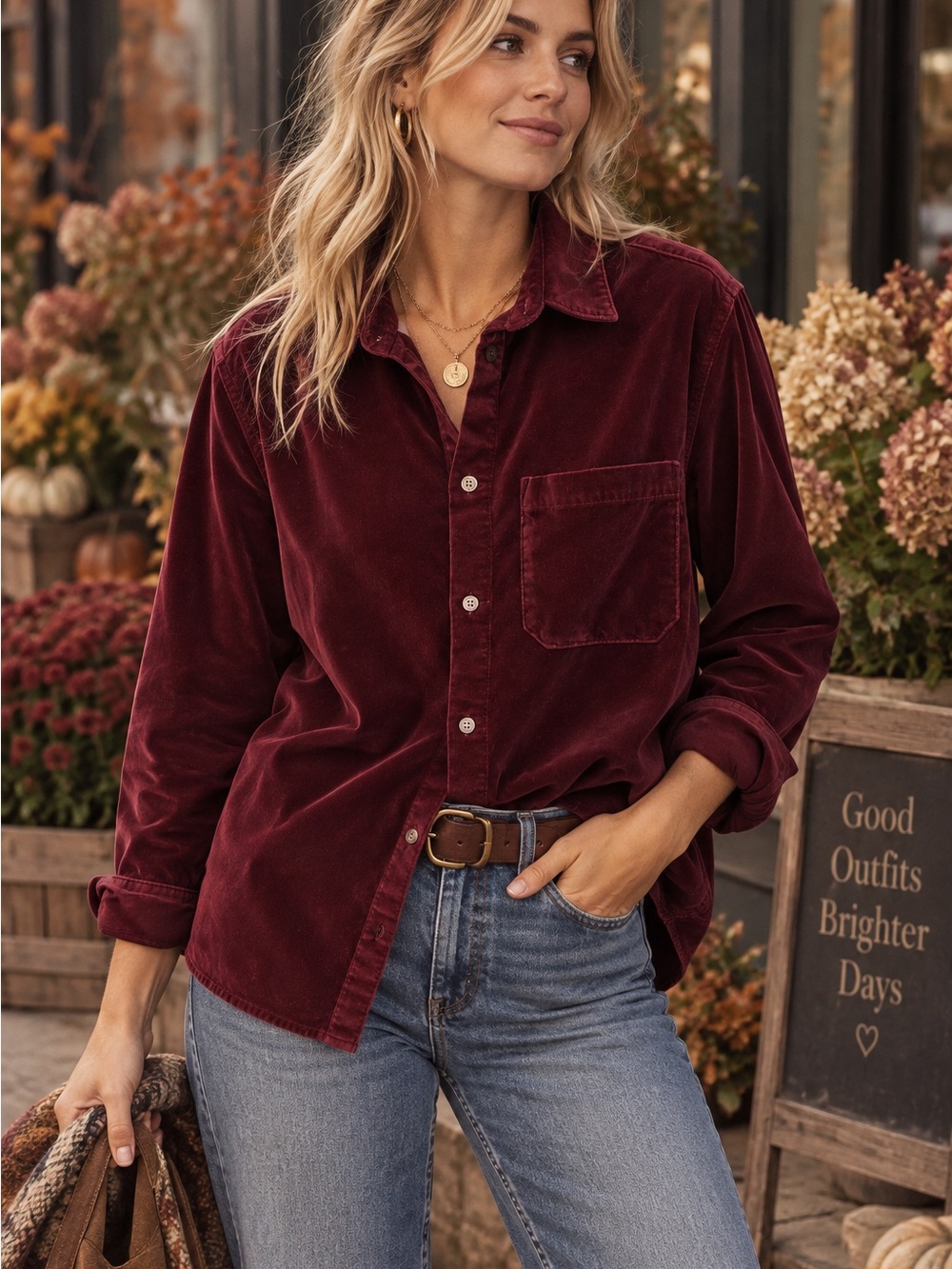 H&M Burgundy Velvet Button-Up Shirt — Size Small